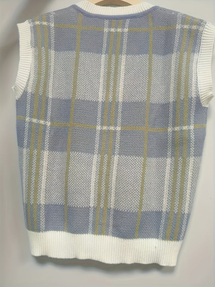Vintage krata sweter z dekoltem V kamizelka