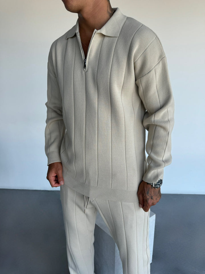 Oversize Lines Knit Zipper Polo Sweatshirt - Kamień