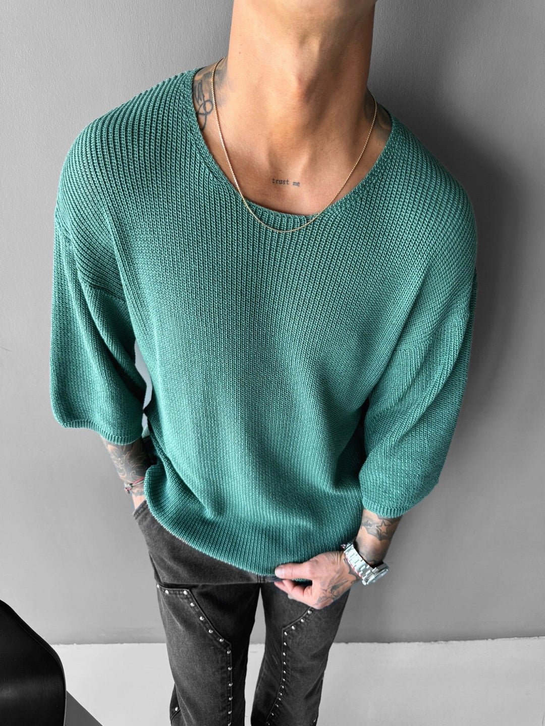 Oversize Długi T-Shirt Dzianinowy - Petrol