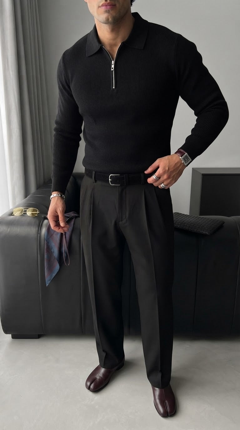Luźny Sweter Polo - Czarny
