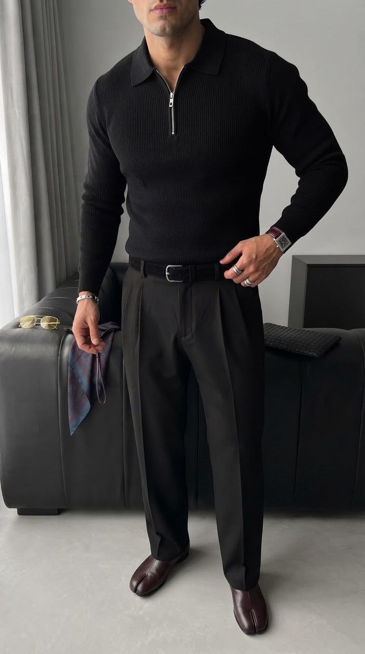 Luźny Sweter Polo - Czarny