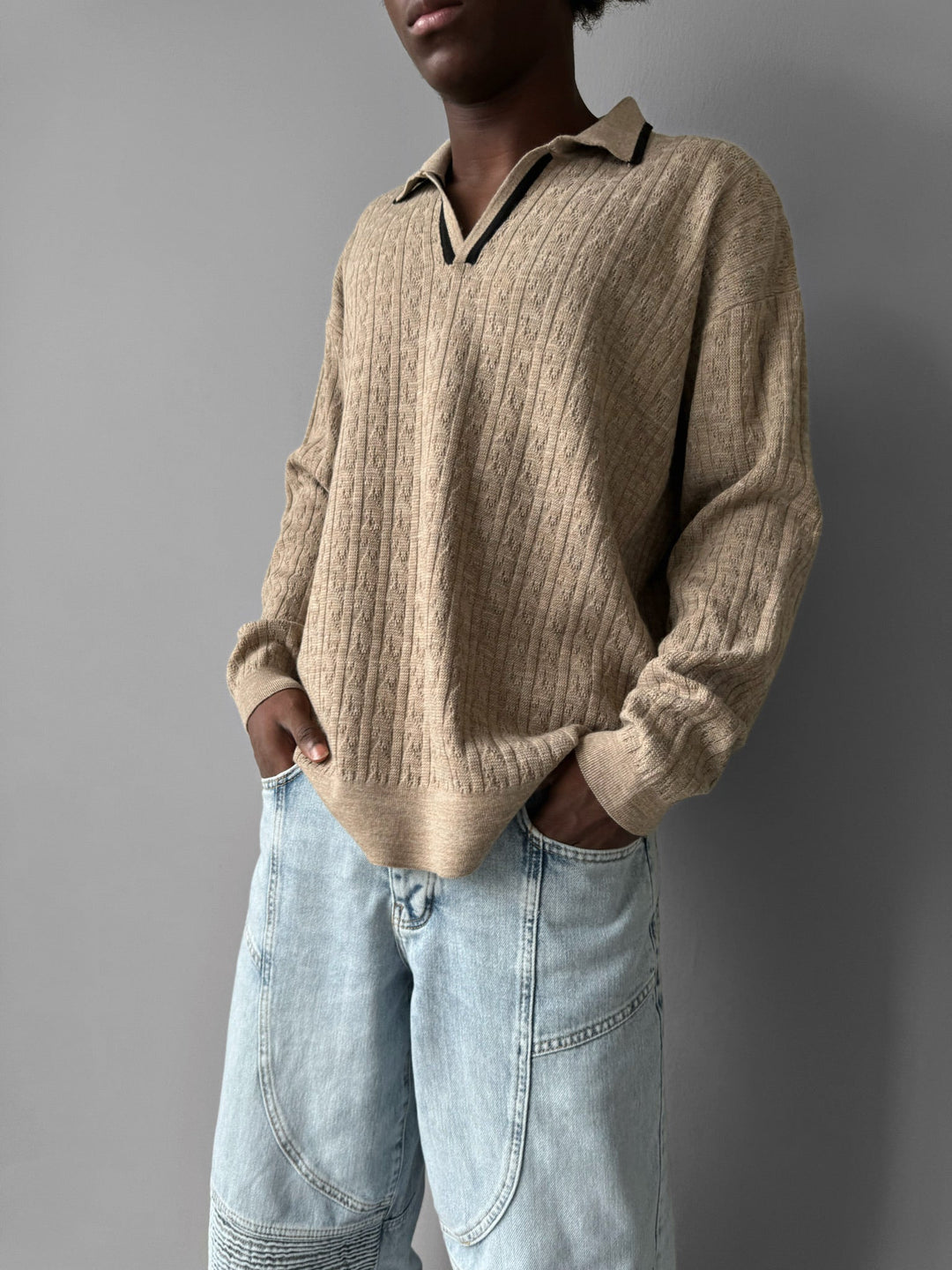 Oversize Strukturalny Sweter Polo - Beżowy
