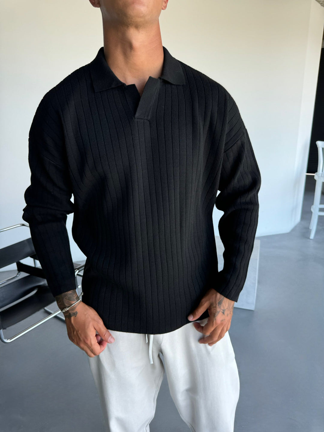 Oversize Szeroki Żebrowany Długi Rękaw Sweter Polo - Czarny