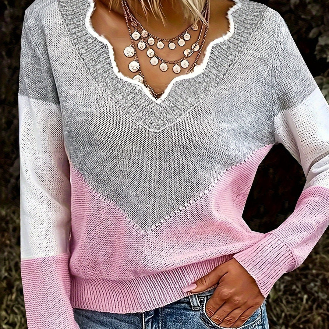 Colorblock sweter z dekoltem V