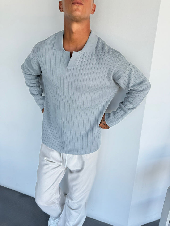 Oversize Szeroki Żebrowany Długi Rękaw Sweter Polo - Szary