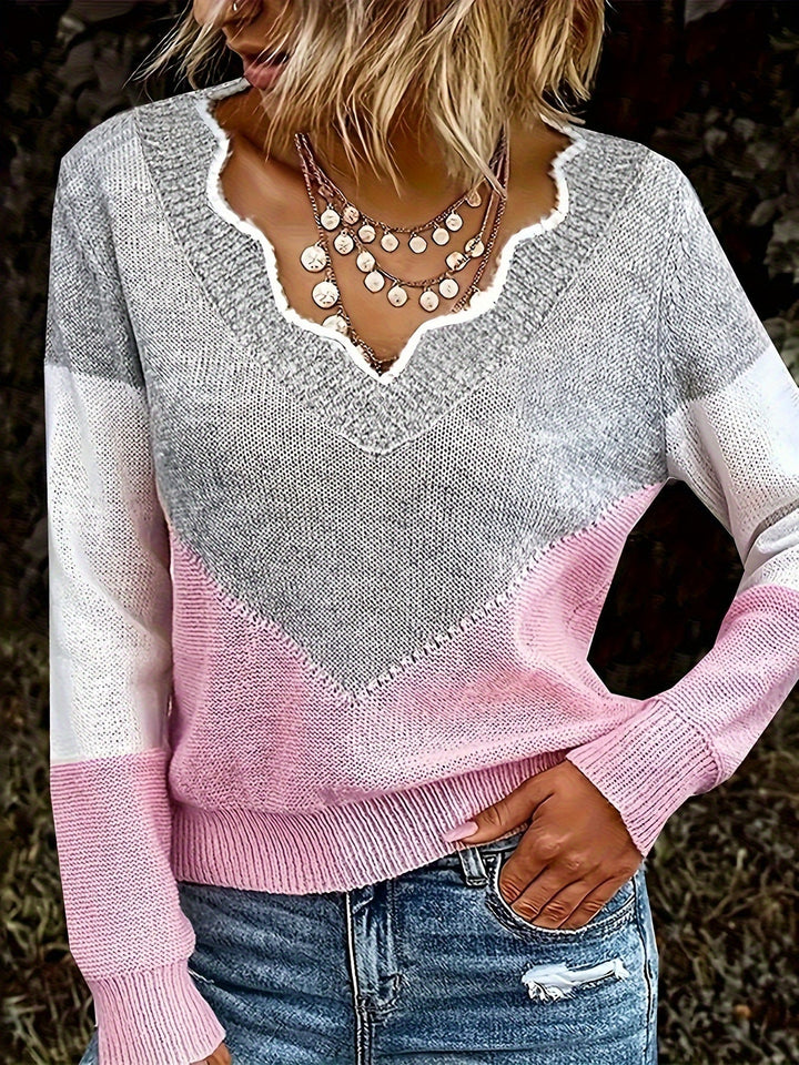 Colorblock sweter z dekoltem V