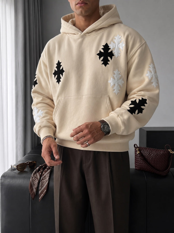 Hoodie Oversize z Gothic Krzyżem - Beżowy