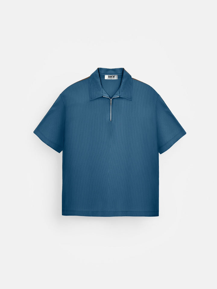 Oversize Teksturowana Koszulka Polo z Zamkiem - Petrol