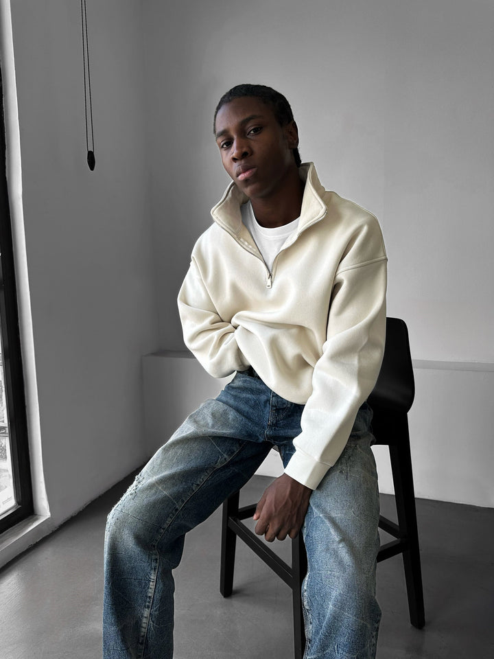 Oversize Polo Sweter z Half-Zip - Beżowy