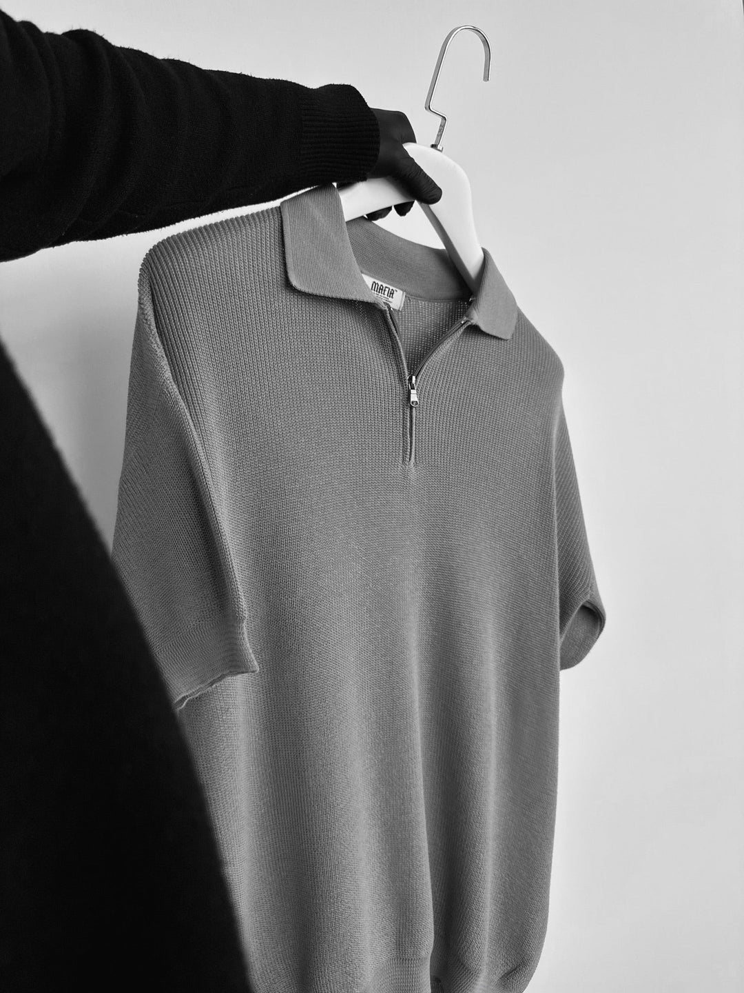 Oversize Zipper Knit Polo T-shirt - Szary