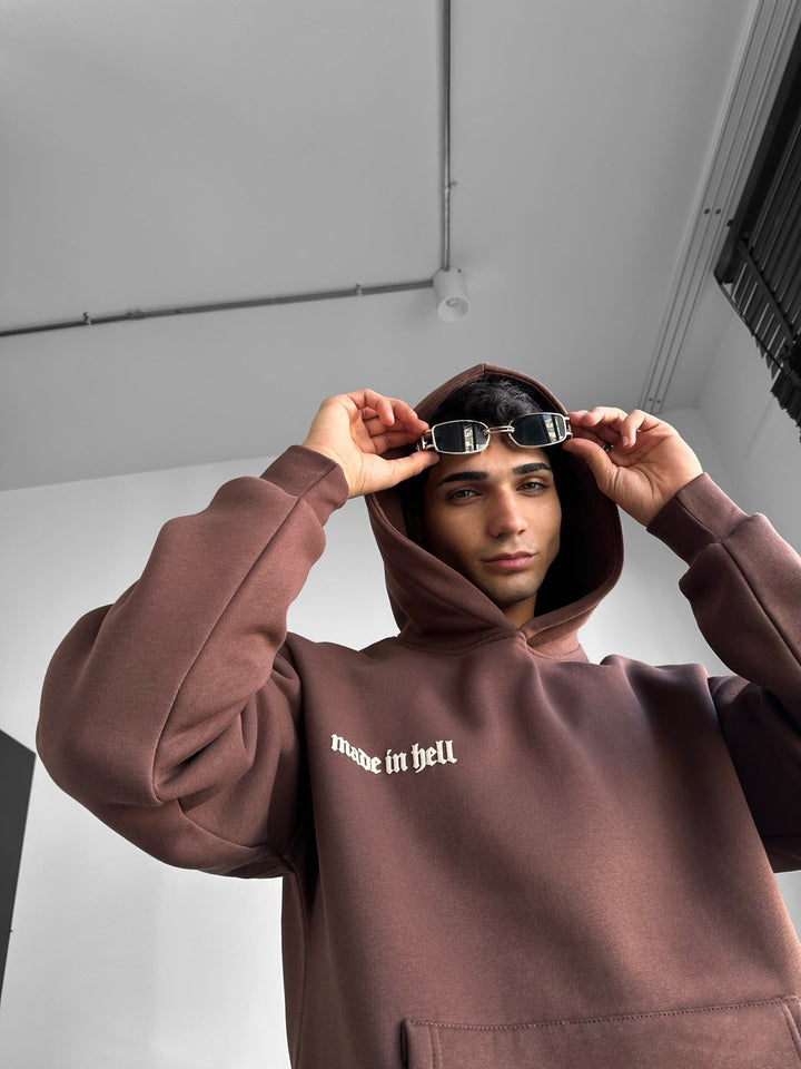 Oversize Made in Hell Hoodie - Brązowy