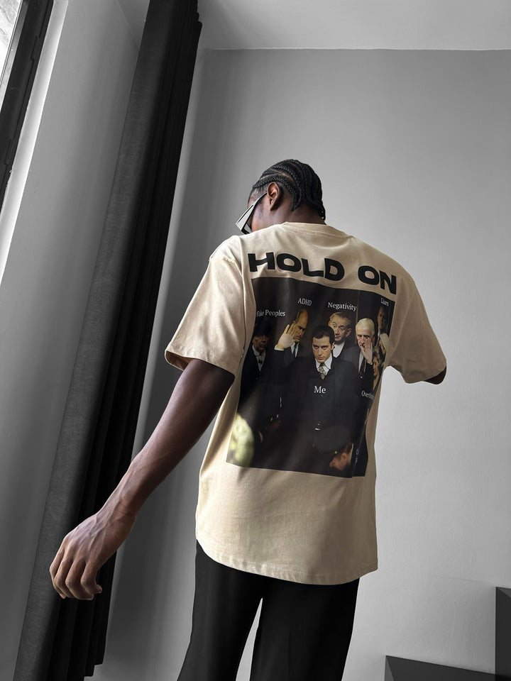 Oversize "Hold On" T-Shirt - Beżowy