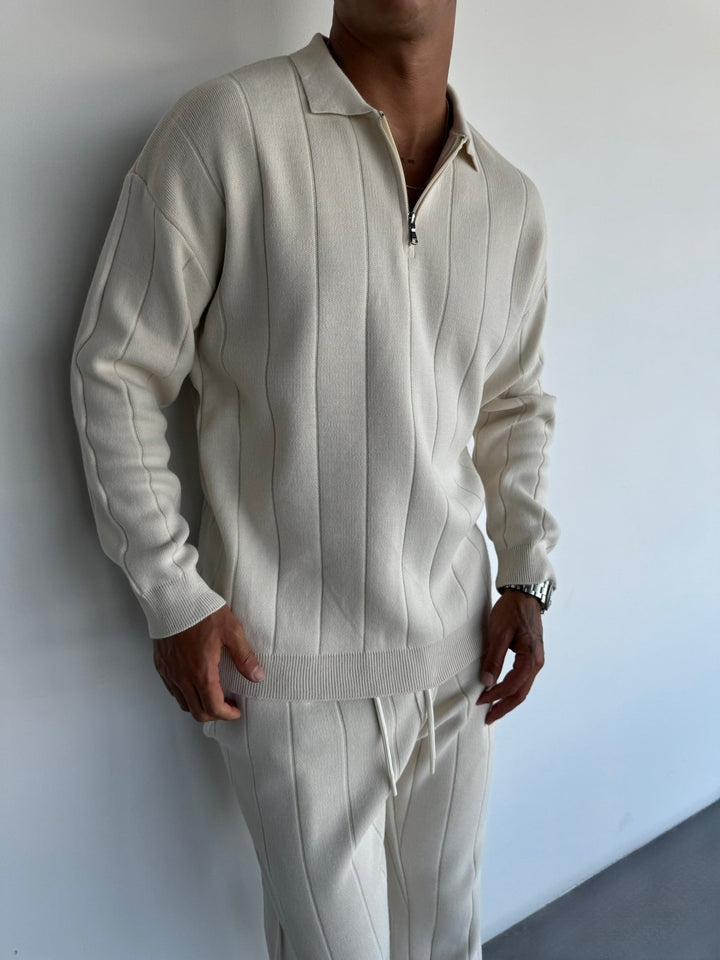 Oversize Lines Knit Zipper Polo Sweatshirt - Kamień