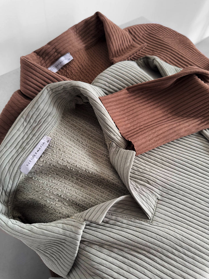 Oversize Ribbed Long Arm Polo T-shirt - Brązowy