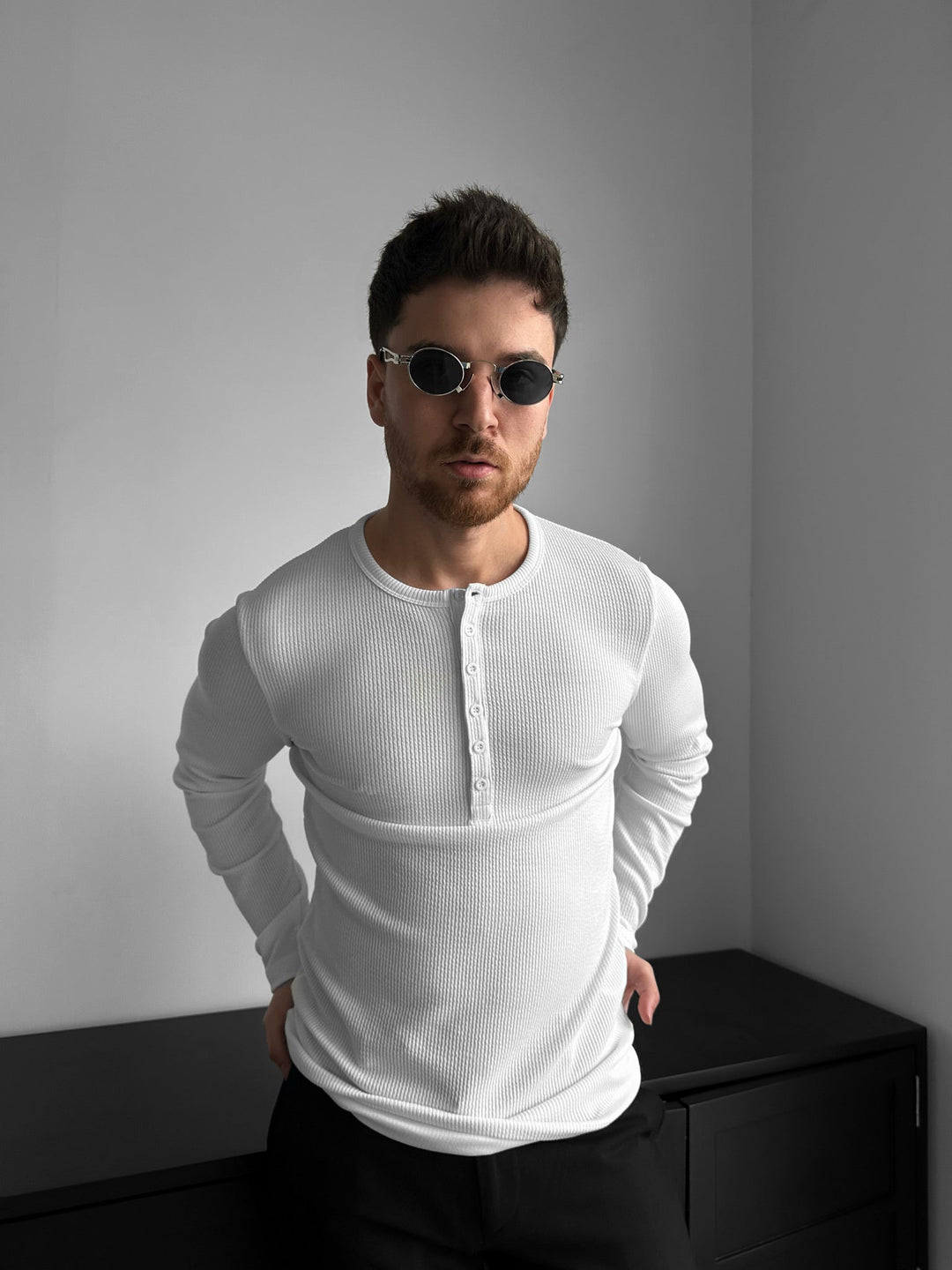 Slim Fit Long Arm Button T-shirt - Ecru