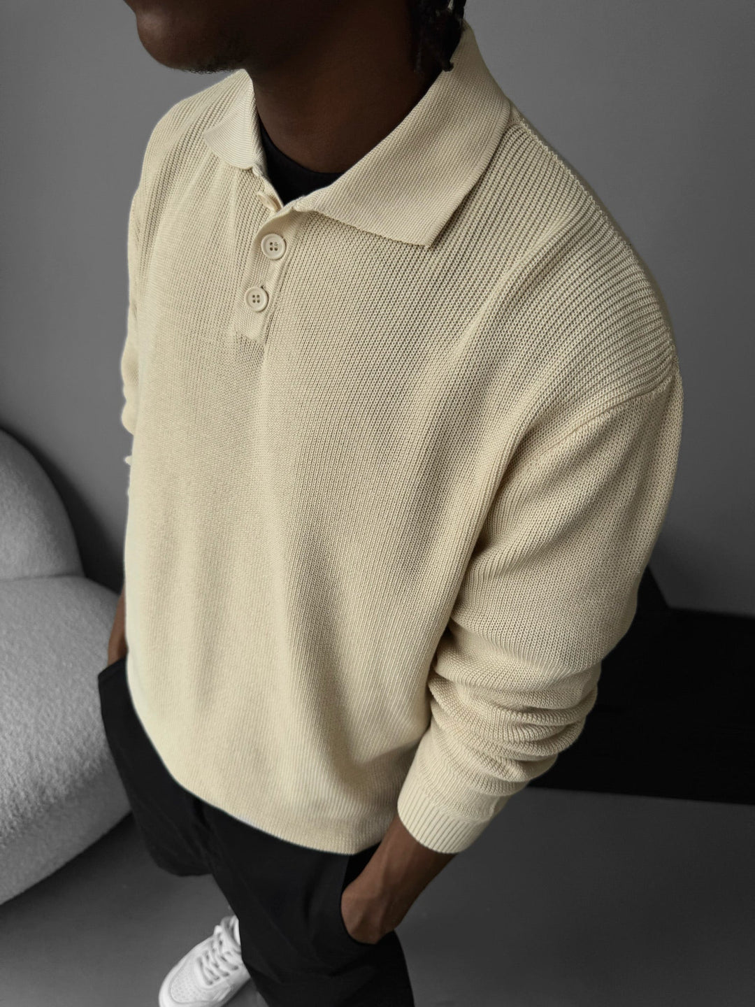 Luźny Sweter Polo - Beżowy