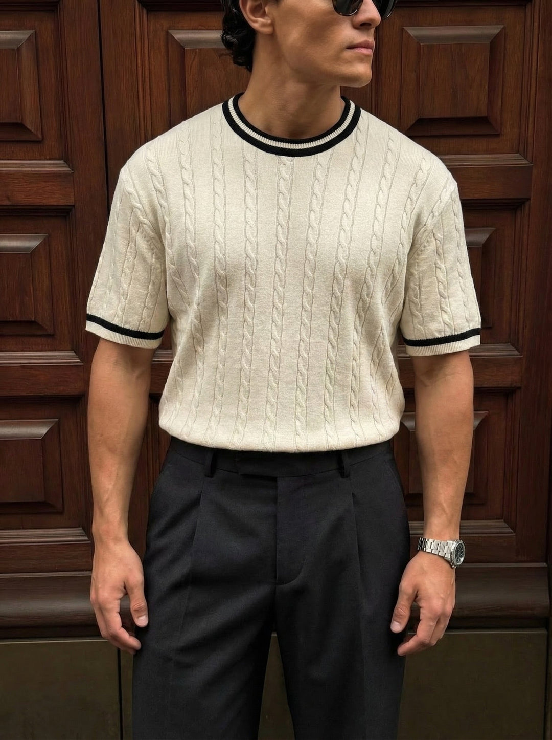 Regular Fit Braid Knit T-shirt - Kremowy