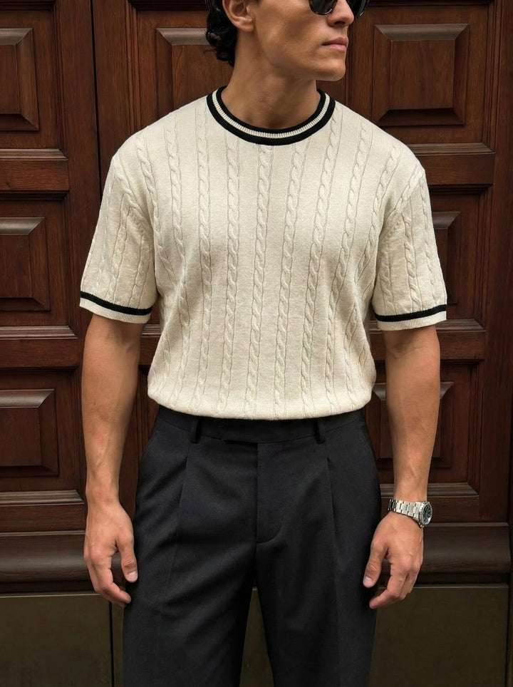 Regular Fit Braid Knit T-shirt - Kremowy