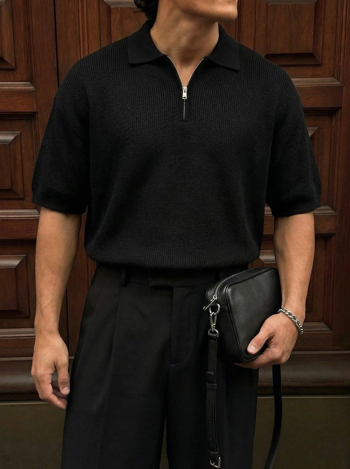 Oversize Zipper Knit Polo T-shirt - Czarny