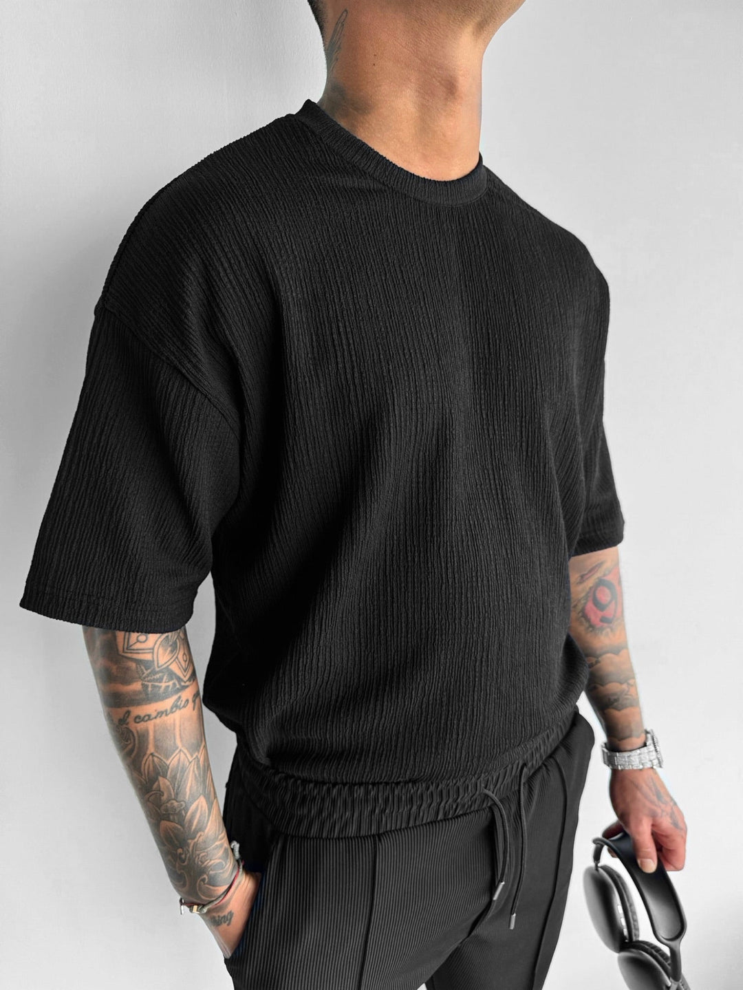 Oversize T-shirty z krepy - Czarny