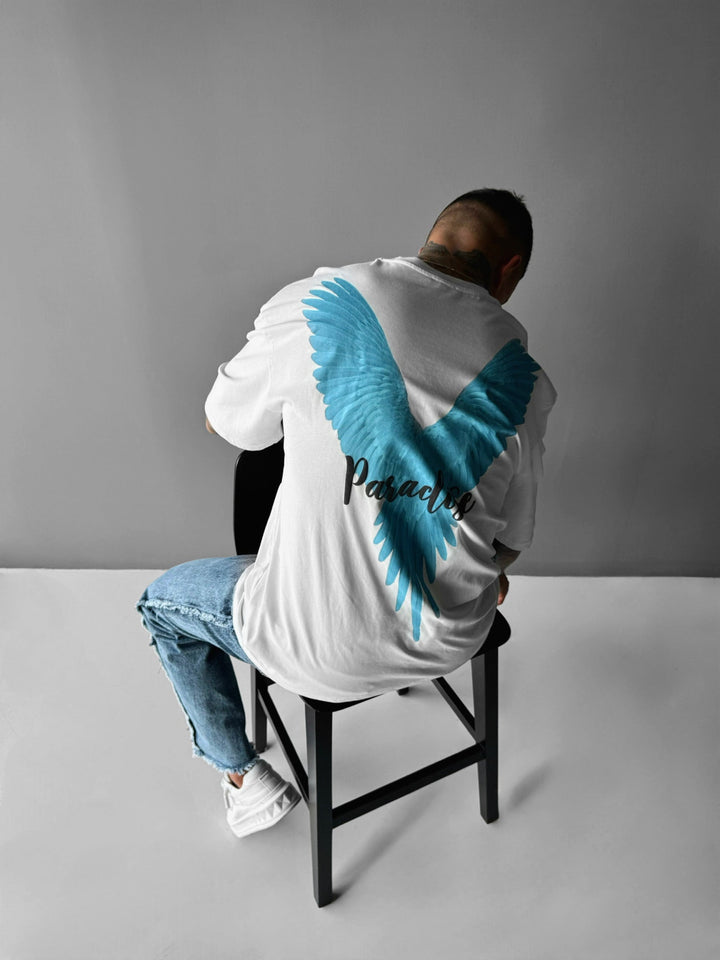 Oversize T-shirt Raj dla Papug - Biały i Niebieski