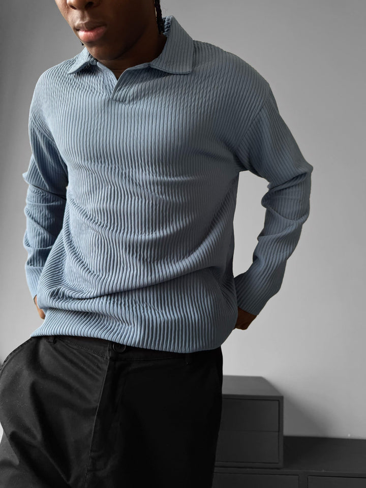 Oversize Ribbed Long Arm Polo T-shirt - Koronowy Niebieski