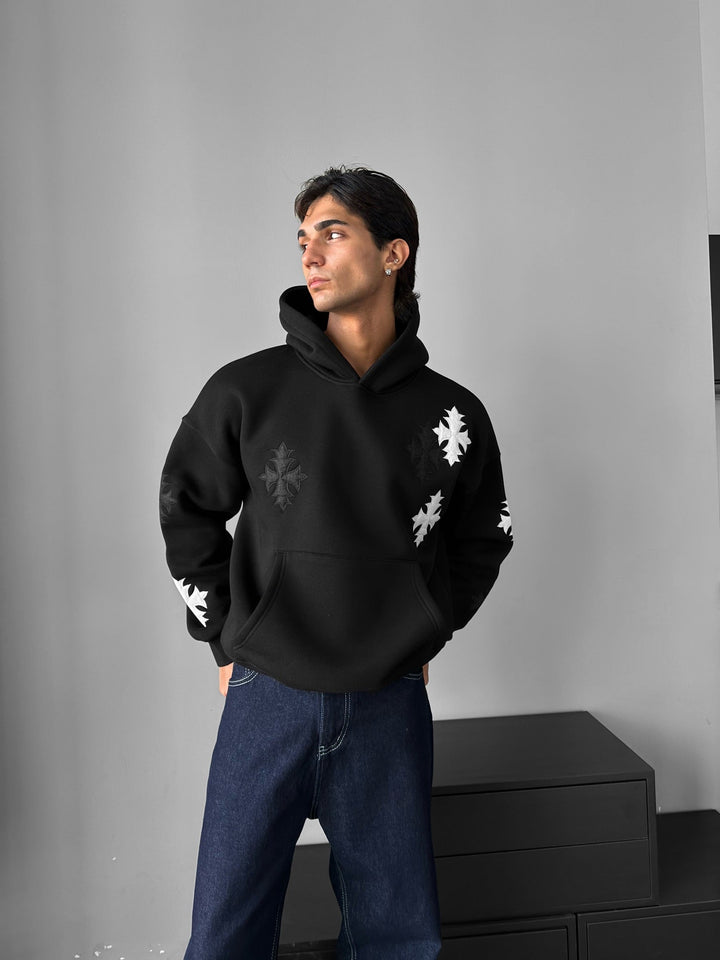 Oversize Gothic Cross Hoodie - Czarny