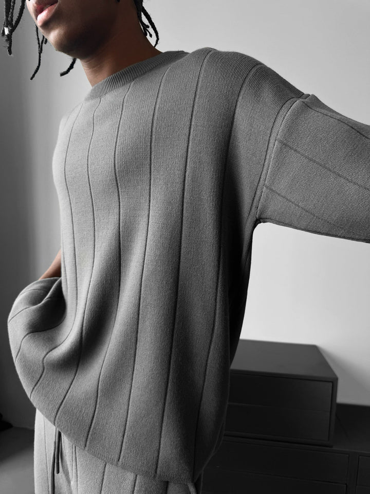 Oversize Line Knit T-Shirt - Antracyt