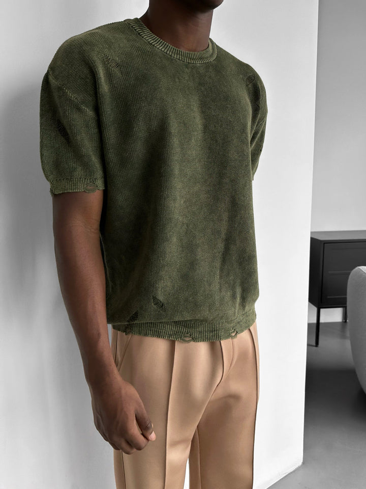 Oversize Knit Torn T-Shirt - Khaki