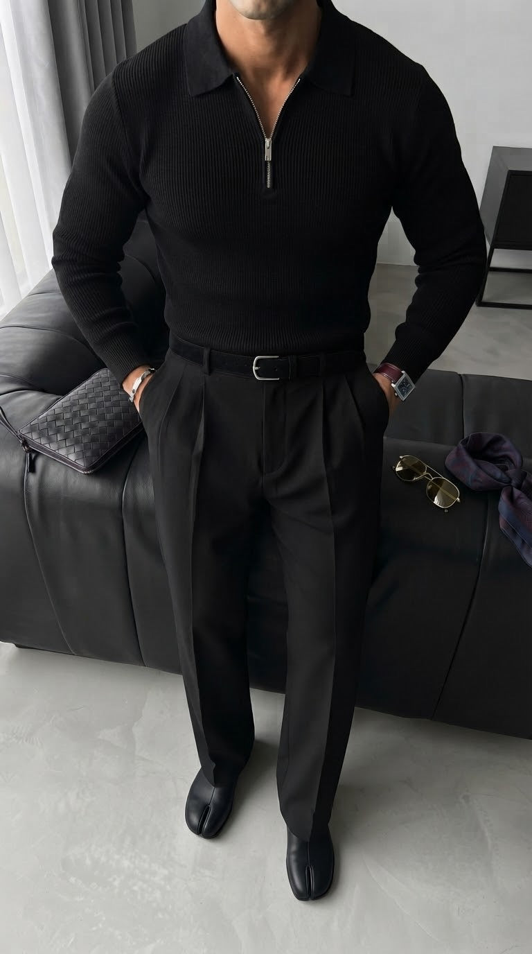 Luźny Sweter Polo - Czarny