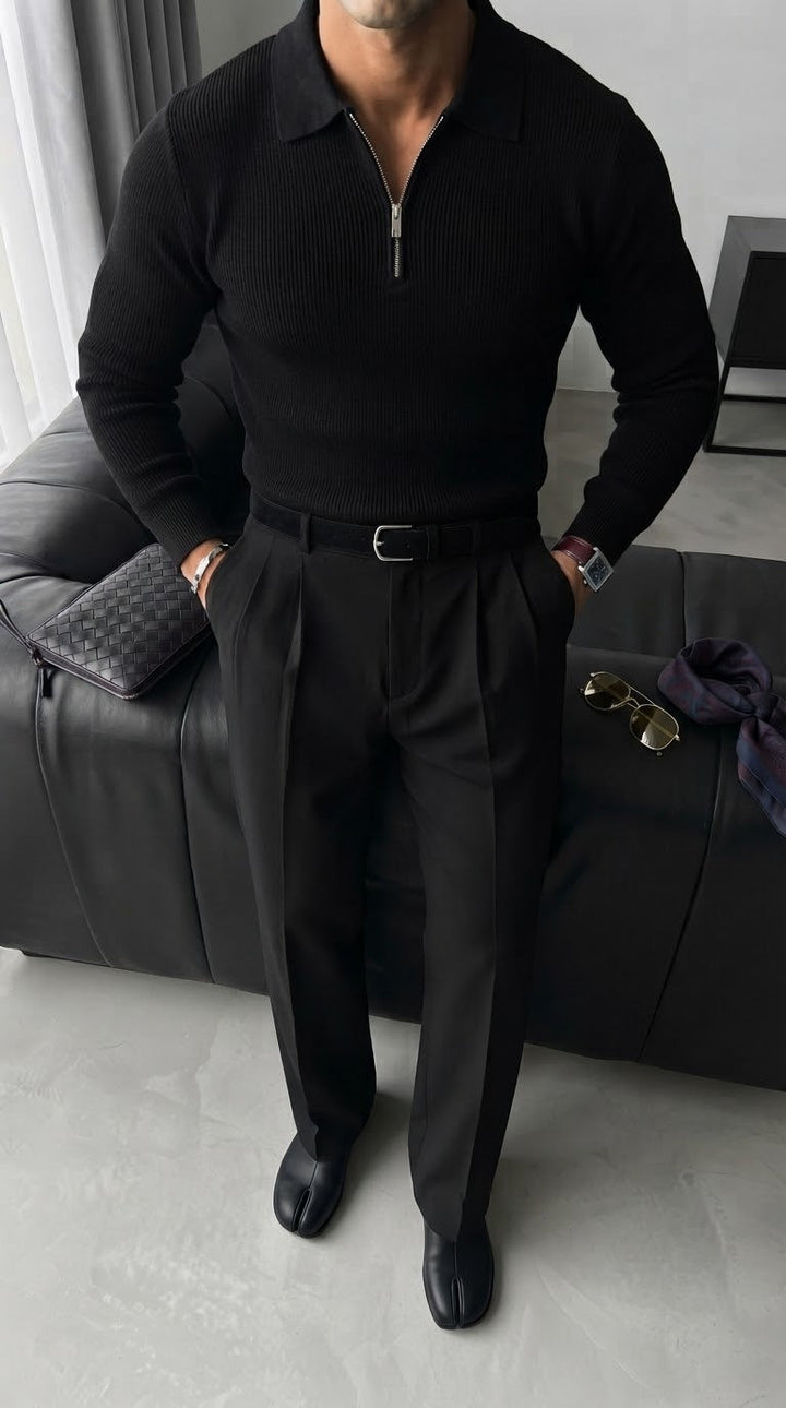Luźny Sweter Polo - Czarny