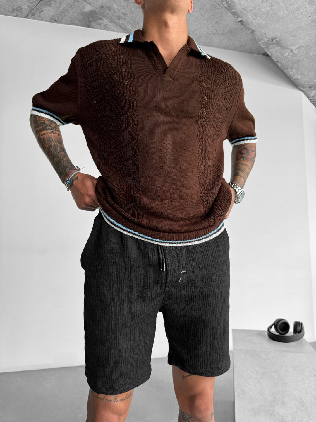 Slim Fit Detail Knit Polo T-Shirt - Brązowy
