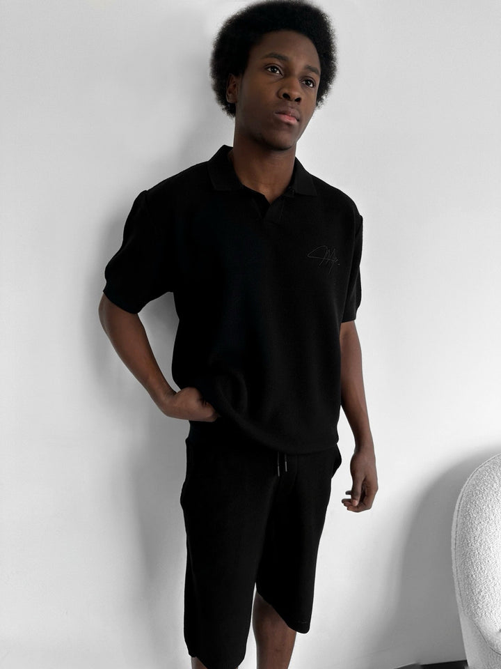 Oversize Initial Knit Polo T-Shirt - Czarny