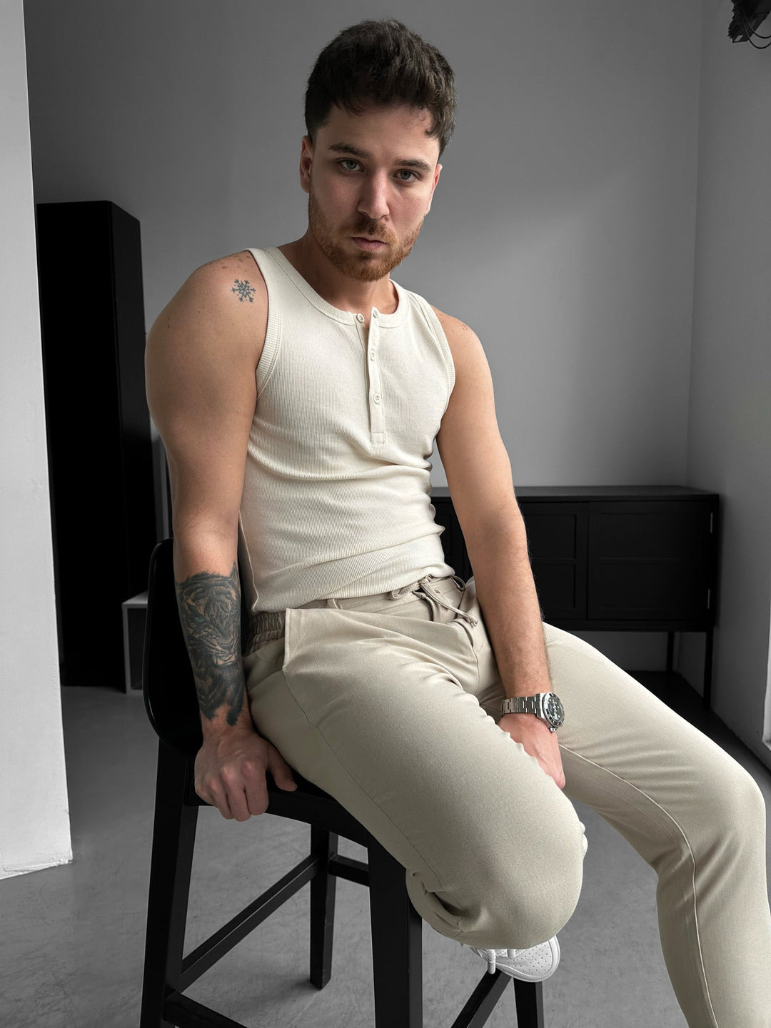 Slim Fit Button Tanktop - Beżowy