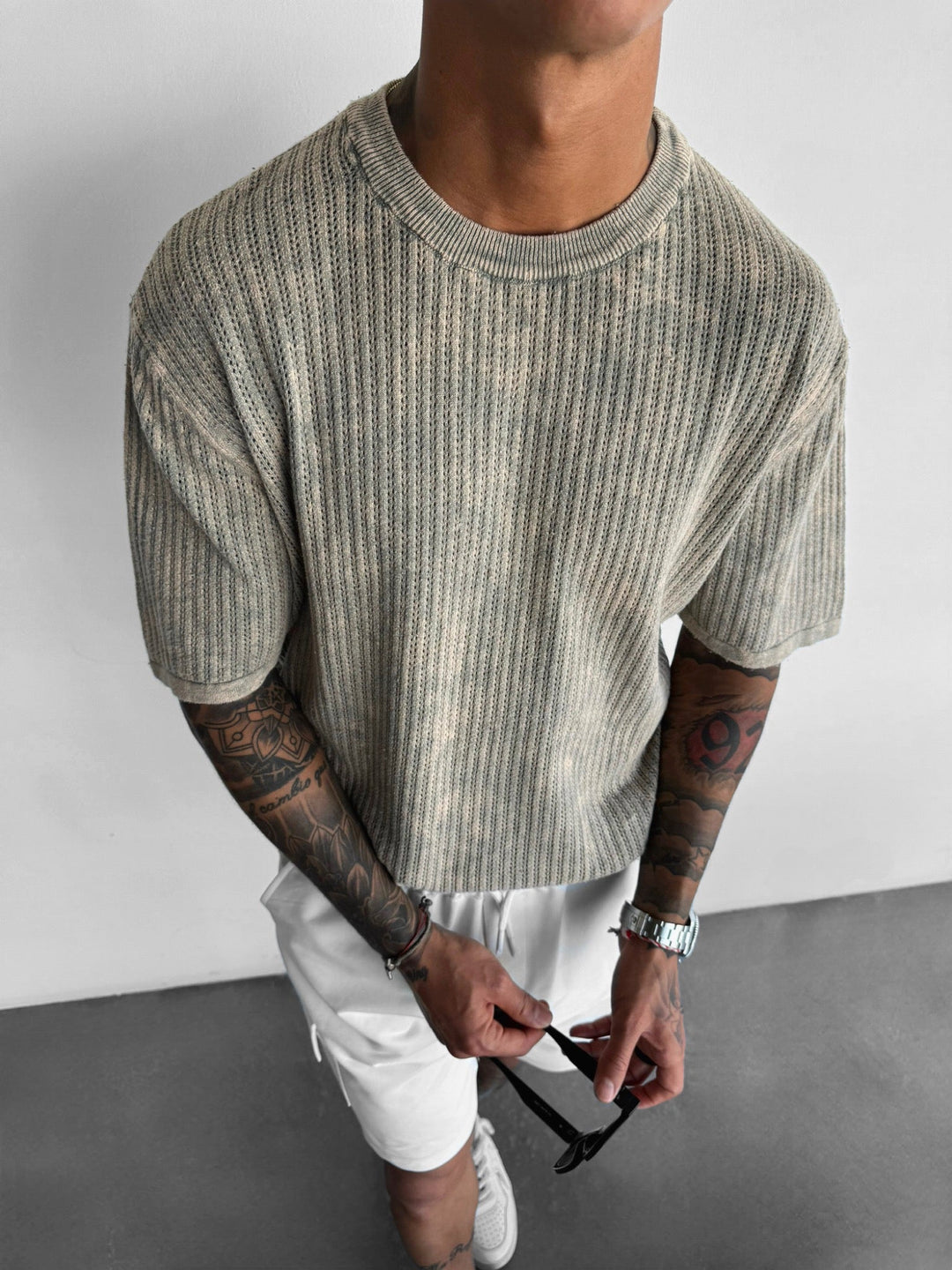 Oversize Knit Washed T-shirt - Kamień