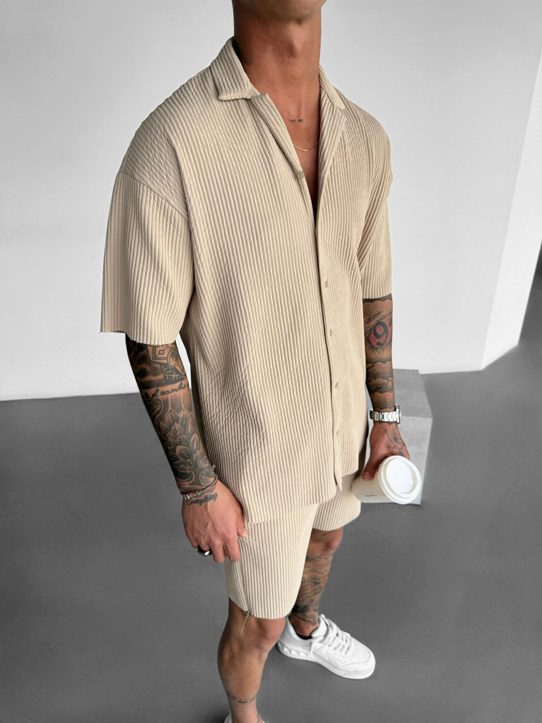 Oversize Ribbed Shirt - Beżowy
