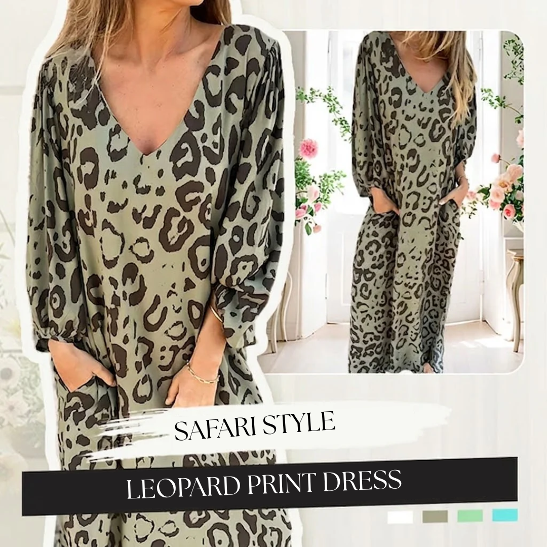 Stylowy długi dekolt V Leopard sukienka