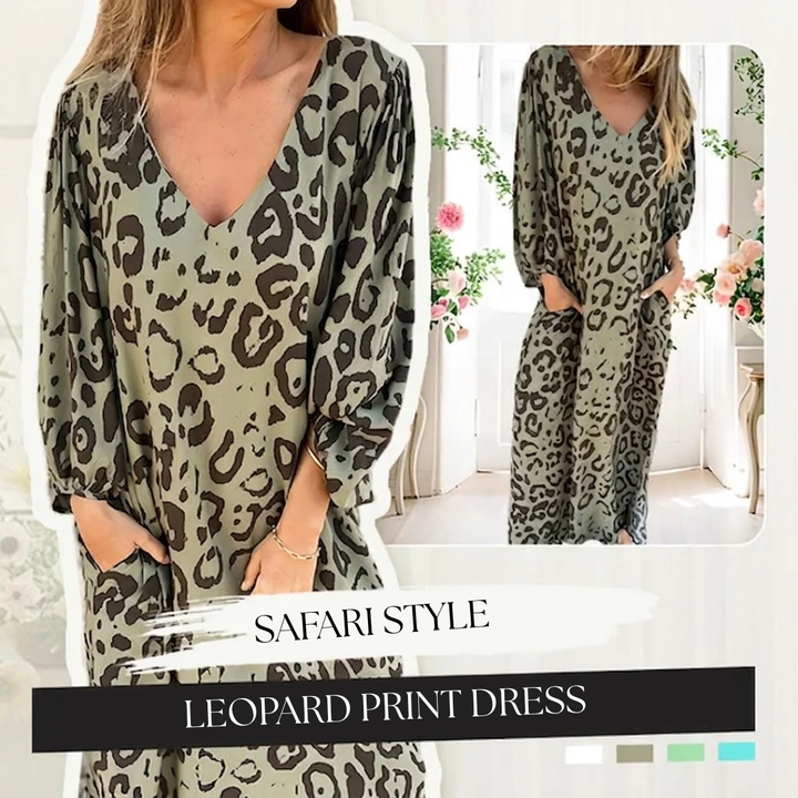 Stylowy długi dekolt V Leopard sukienka