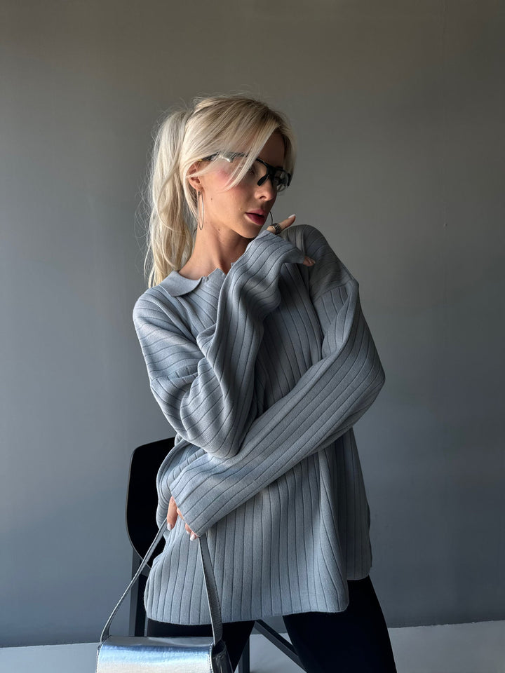 Oversize Szeroki Żebrowany Długi Rękaw Sweter Polo - Szary