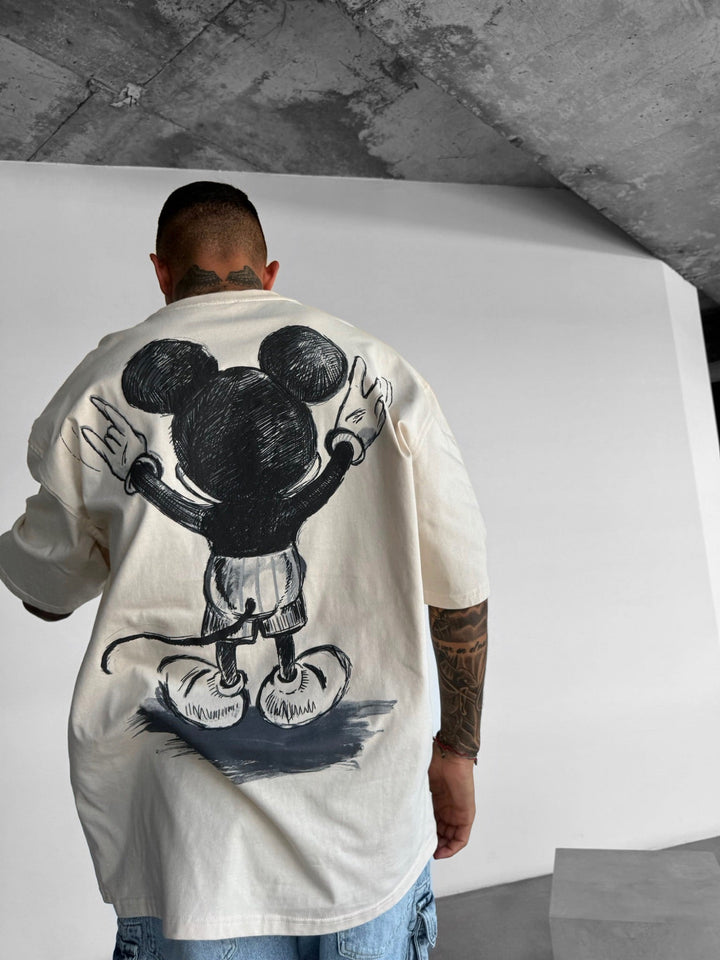 T-shirt Oversize z Myszką - Beżowy