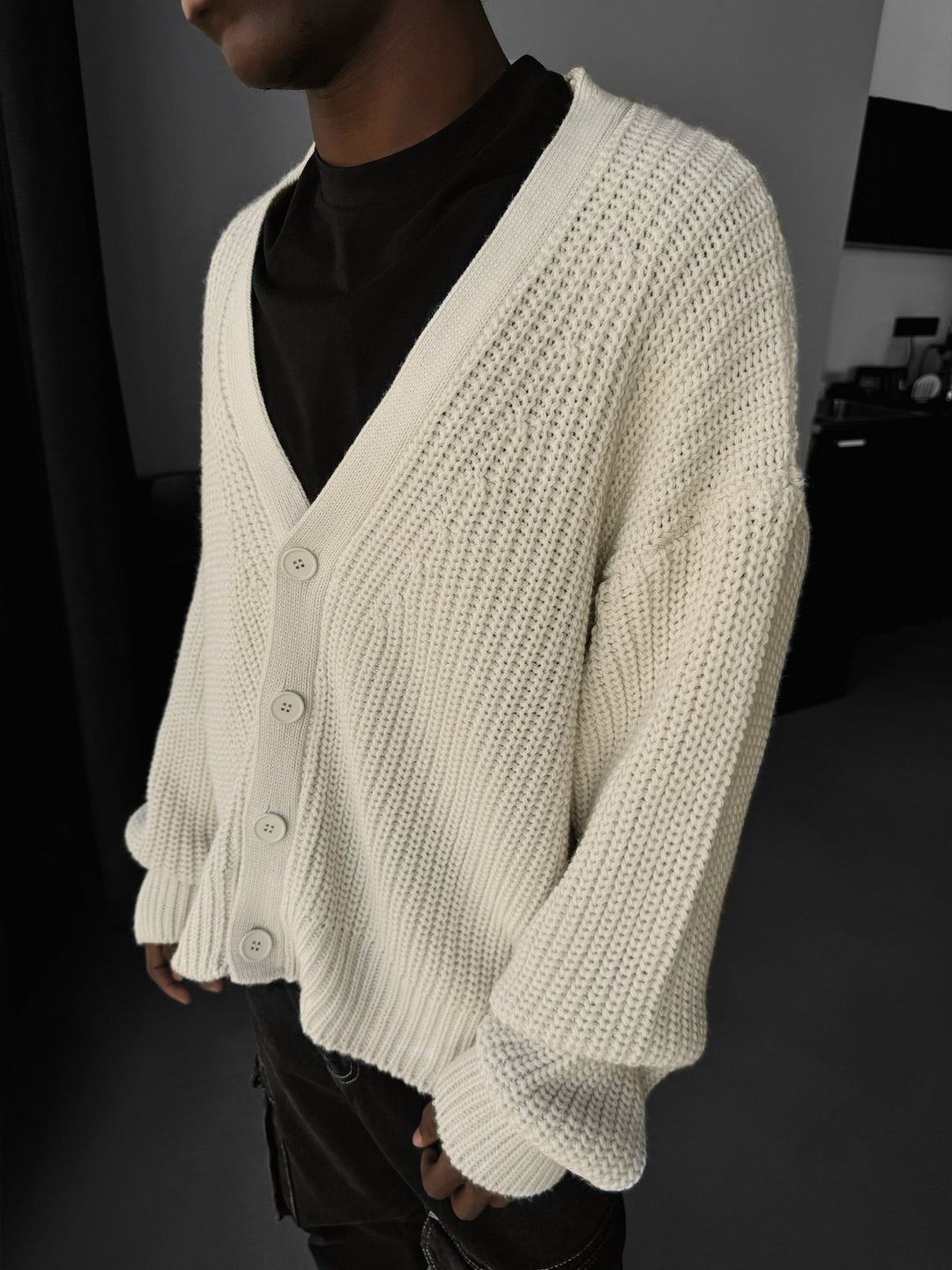 Oversize Crop Cardigan - Kremowy