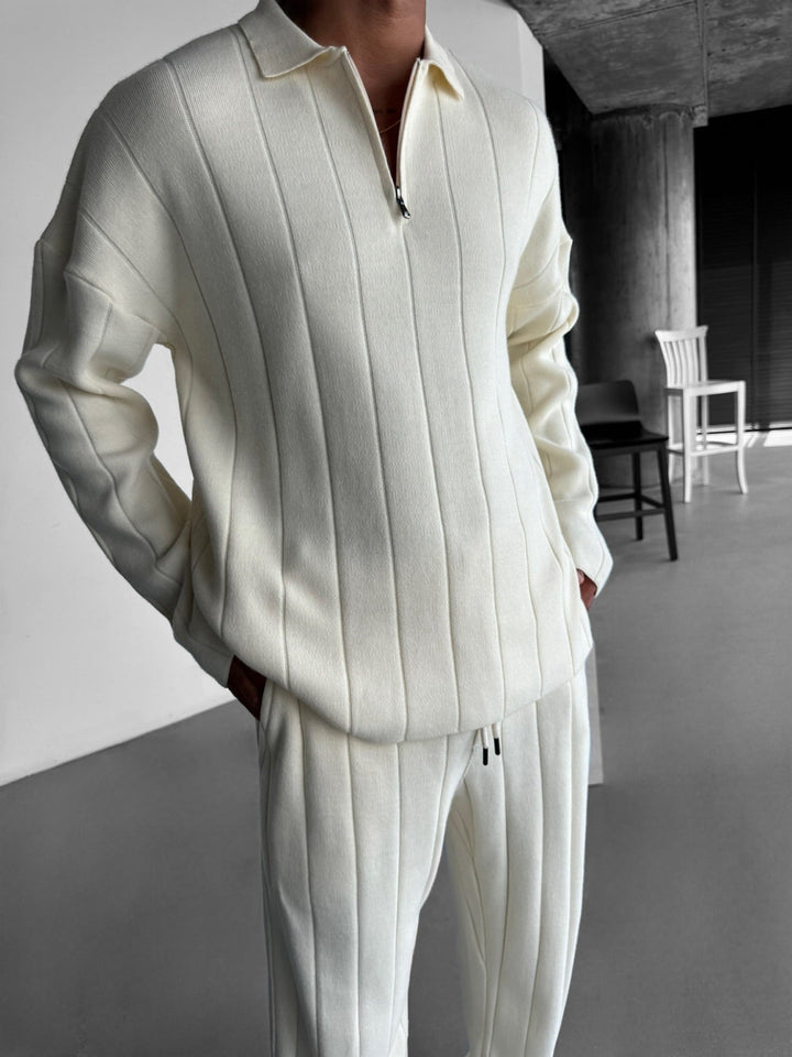 Oversize Lines Knit Zipper Polo Sweatshirt - Kremowy