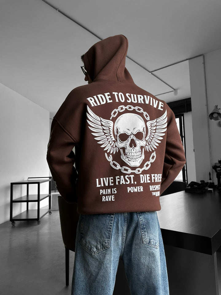 Oversize Hoodie "Ride to Survive" - Brązowy