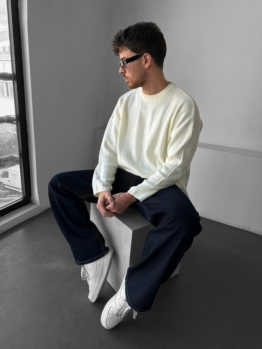 Sweter Oversize Lines - Ecru