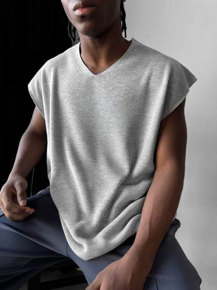 Oversize Rolowany Brzeg Dzianinowy Top - Szary