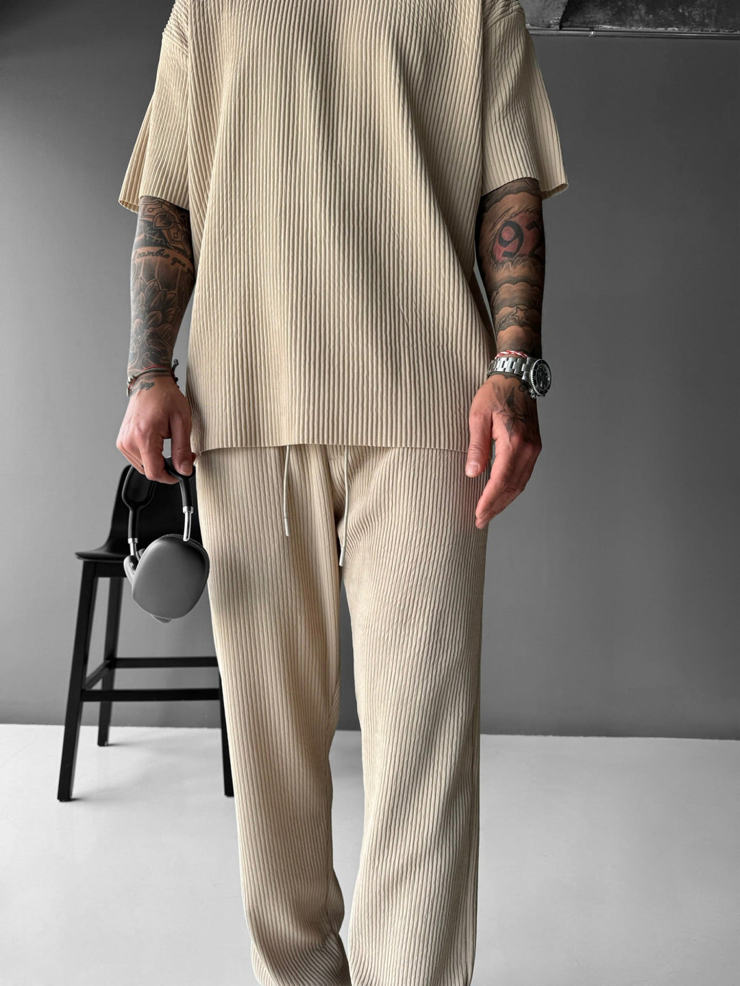 Oversize Ribbed T-Shirt - Beżowy