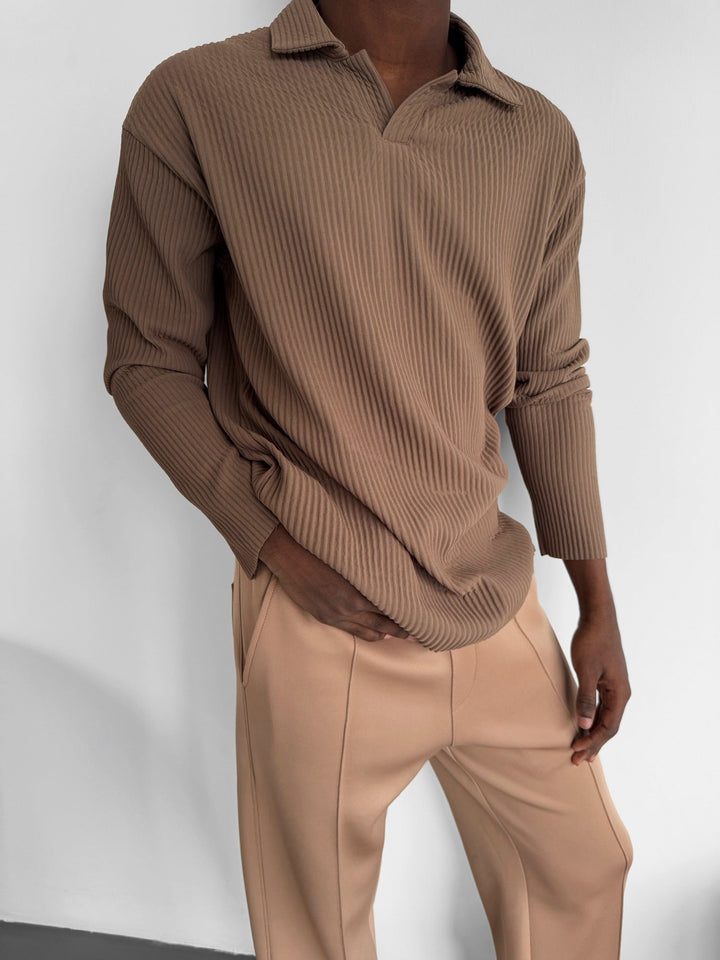 Oversize Ribbed Long Arm Polo T-shirt - Brązowy