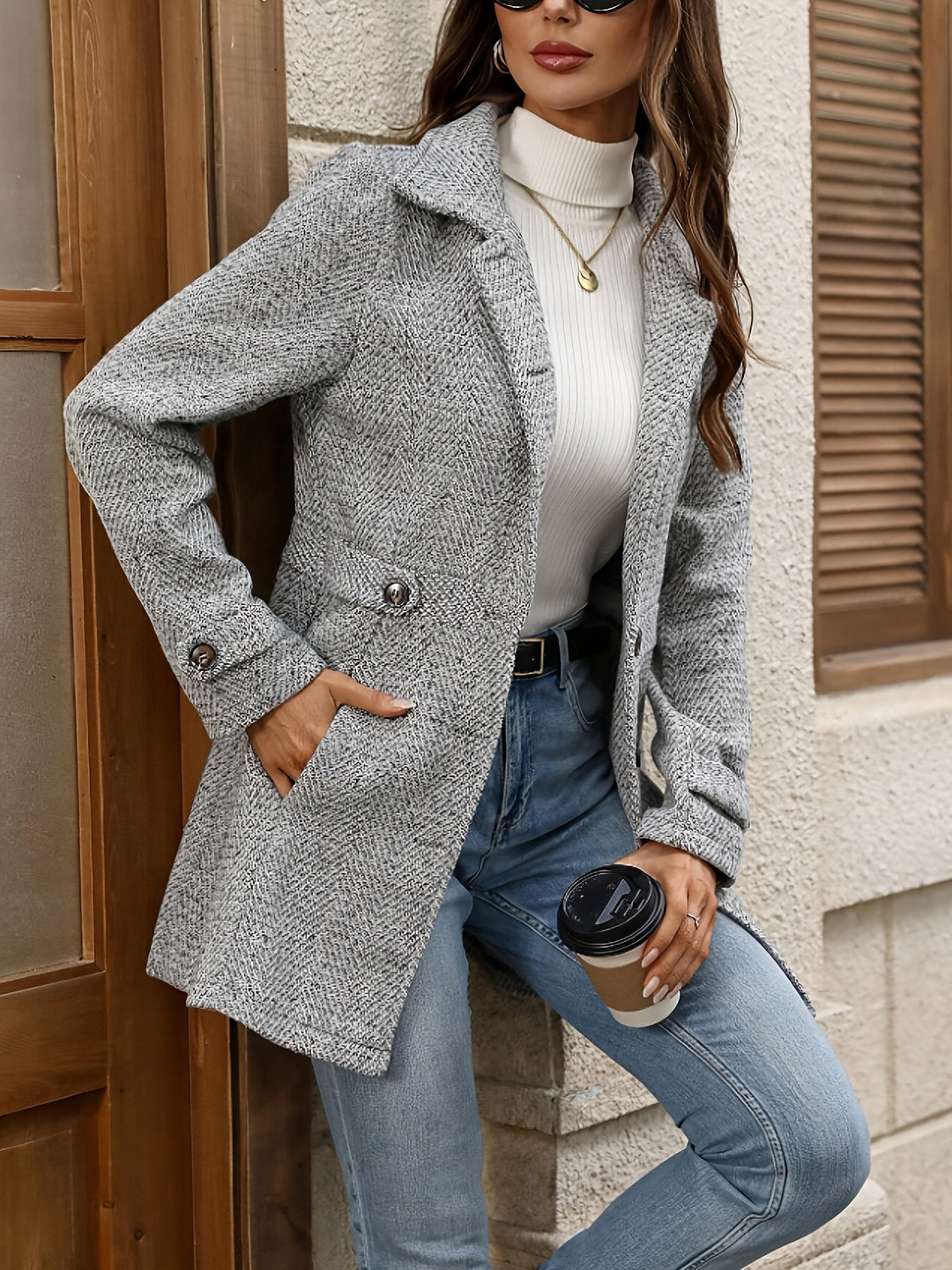 Waist-Defining jodełka płaszcz