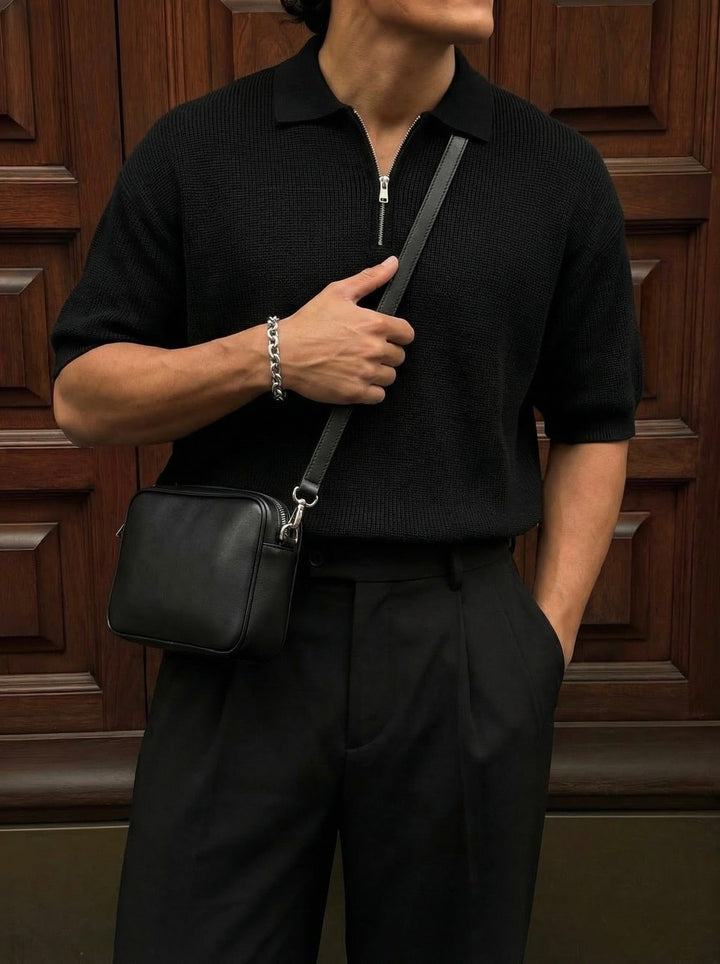 Oversize Zipper Knit Polo T-shirt - Czarny