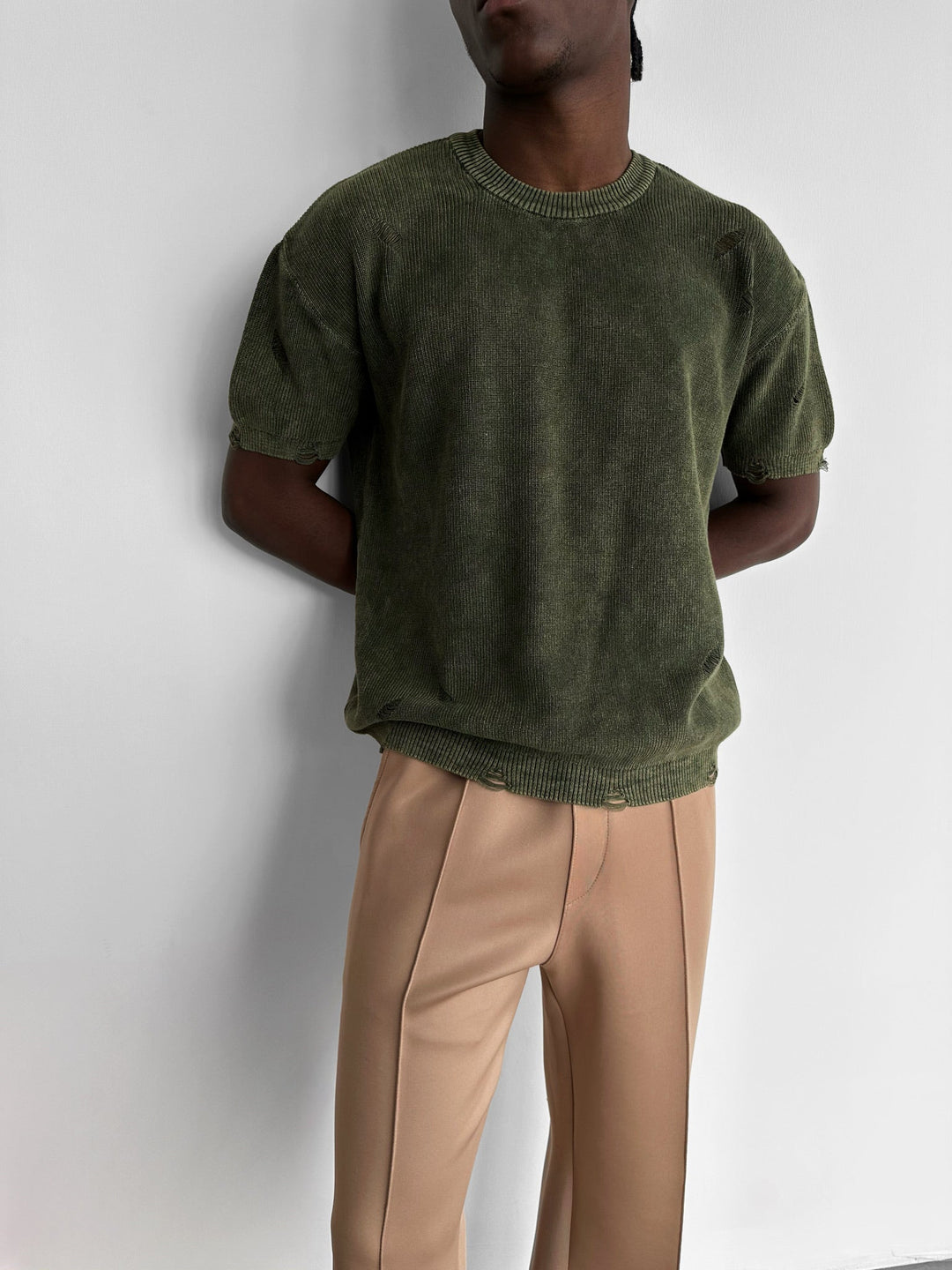 Oversize Knit Torn T-Shirt - Khaki